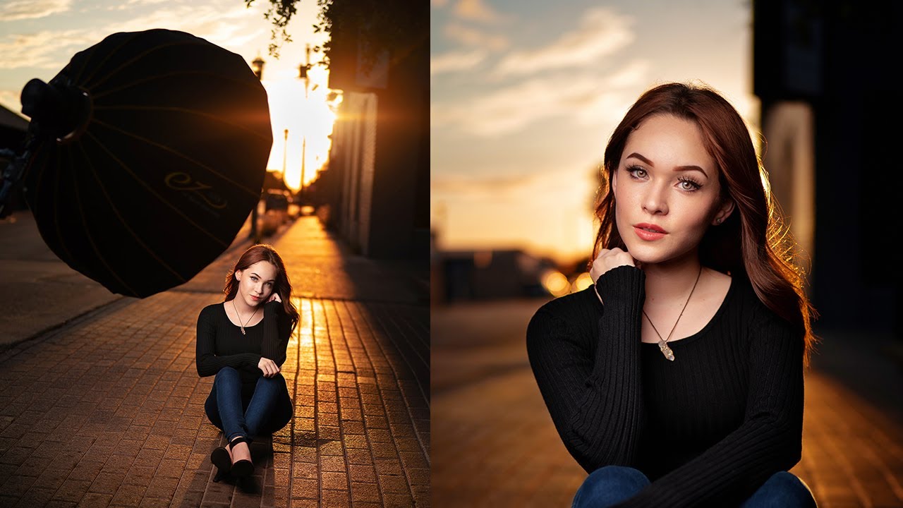 Model posing for photoshoot with external flash used